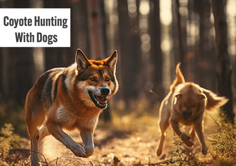 Hunting dogs moving through brush during a coyote hunt