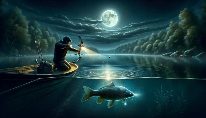 Bowfishing scene on dark water at night with bright lights