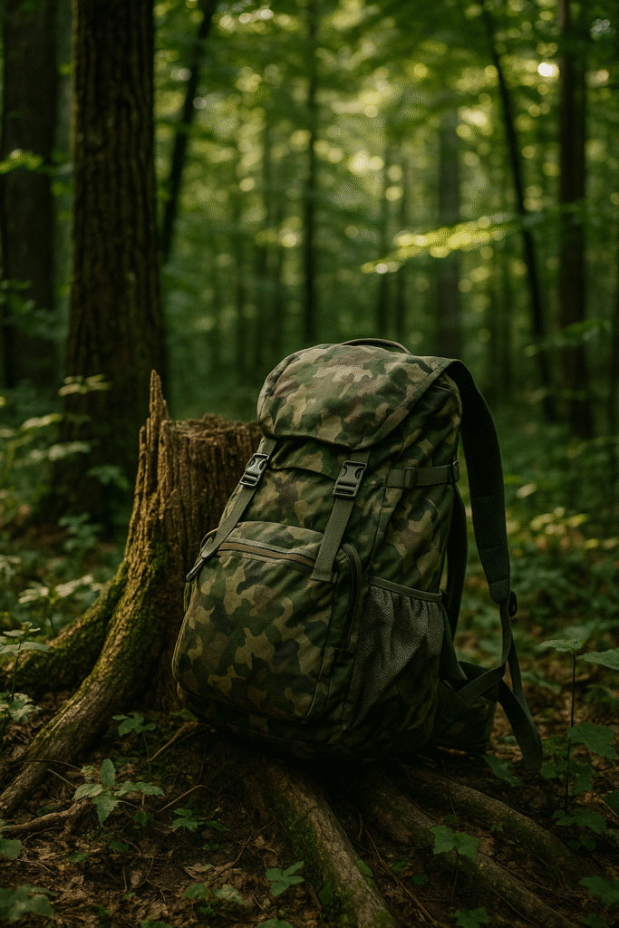 Camouflage hunting backpack resting against tree stump in a dense green forest