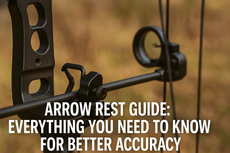 Close-up of an arrow supported by a rest on a bow riser