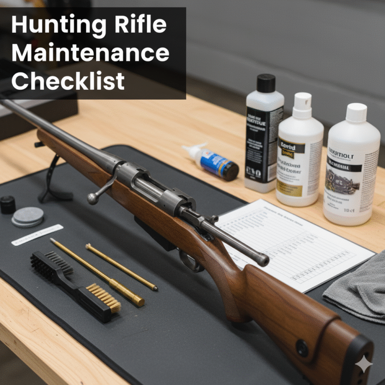 Hunting rifle maintenance checklist with safe cleaning inspection storage and optic checks