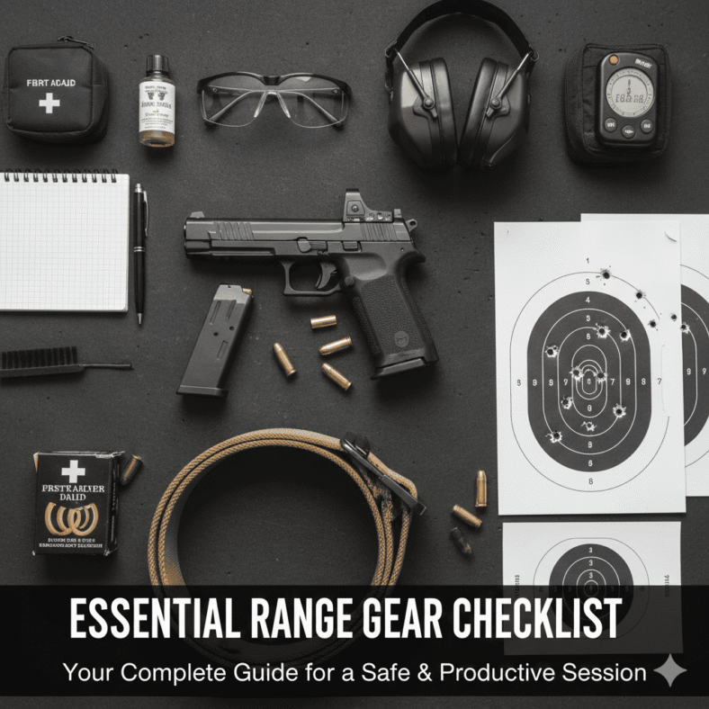 Essential range gear checklist with safety items for a shooting range day