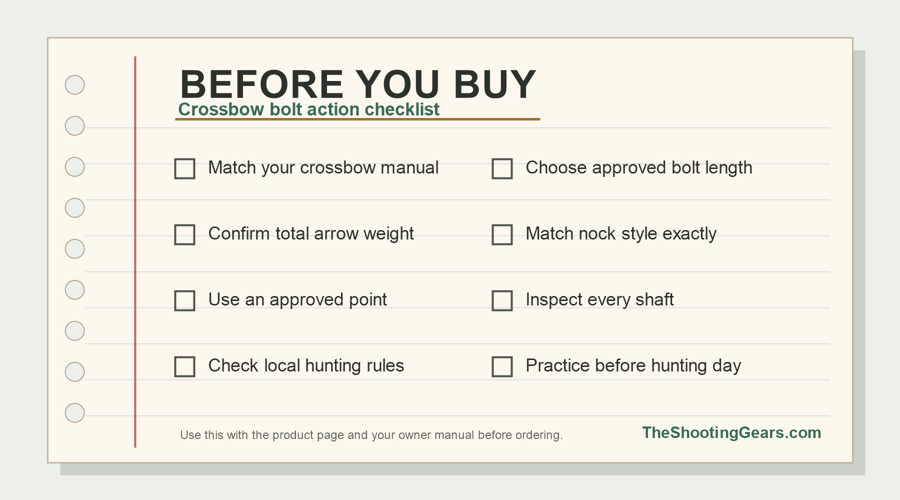 Landscape notebook-style before-you-buy checklist for crossbow bolt buyers, with blank boxes for checking manual fit, bolt length, total arrow weight, nock style, approved point, shaft inspection, local rules, and practice before hunting.