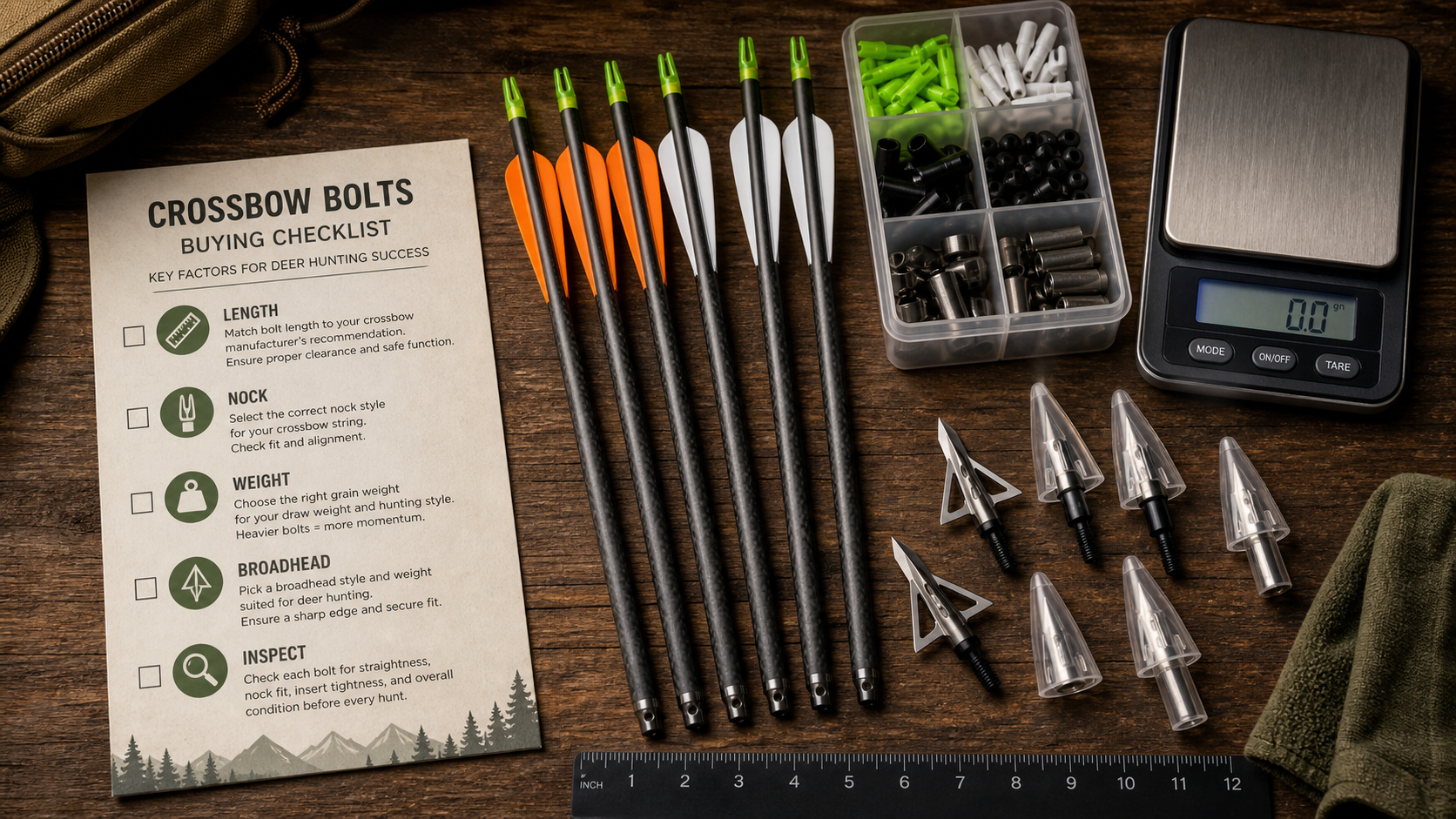 Crossbow bolts, broadheads, nocks, ruler, and checklist card arranged for deer hunting bolt selection.