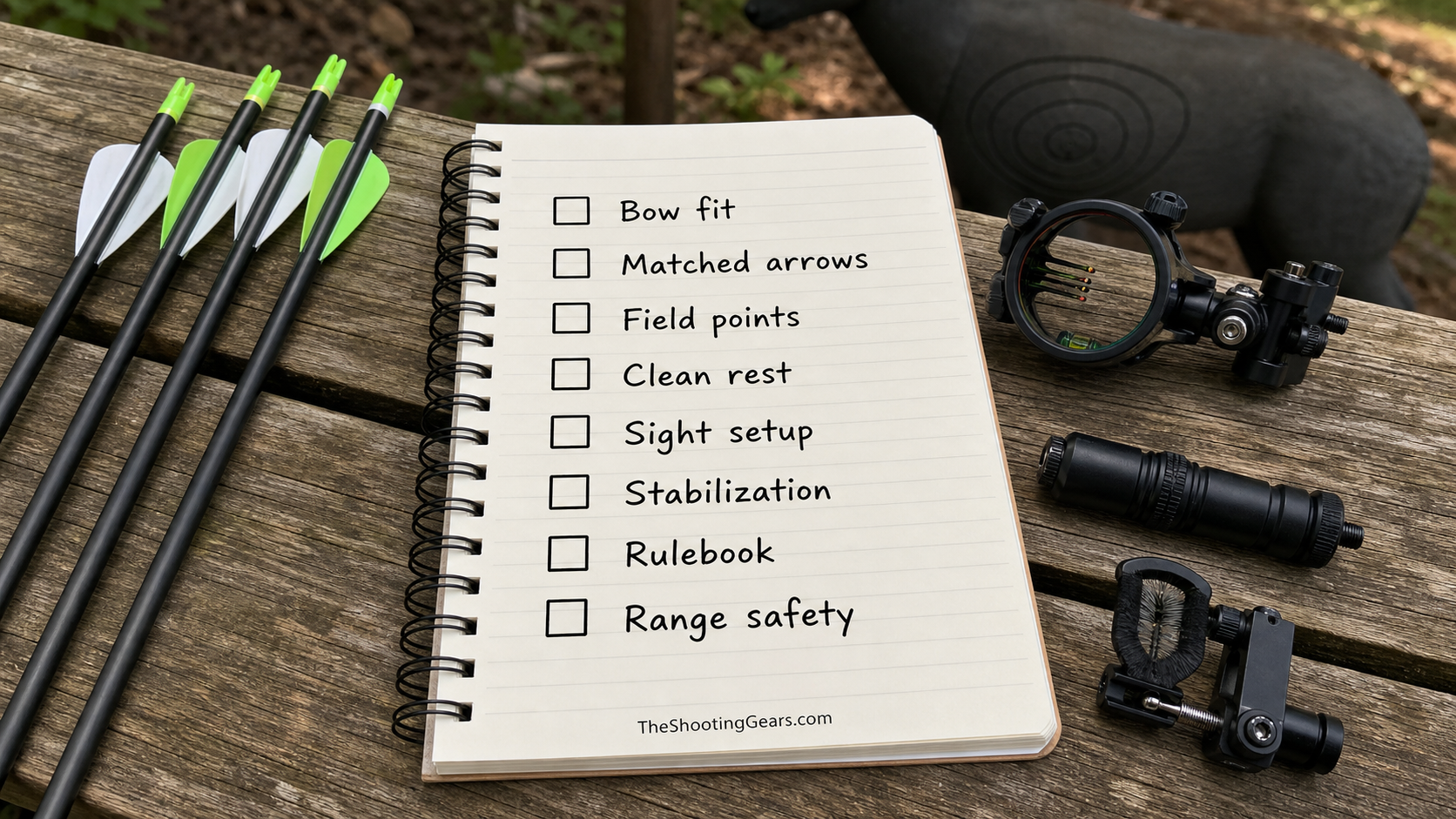 3D archery setup checklist covering bow fit, matched arrows, field points, clean rest, sight setup, stabilization, rulebook, and range safety
