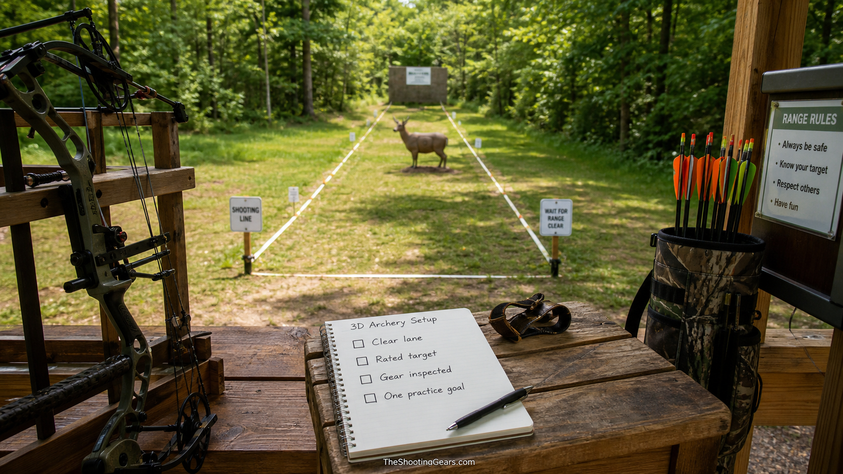 Safe 3D archery practice setup with foam target, clear shooting lane, bow on rack, arrows in quiver, and checklist