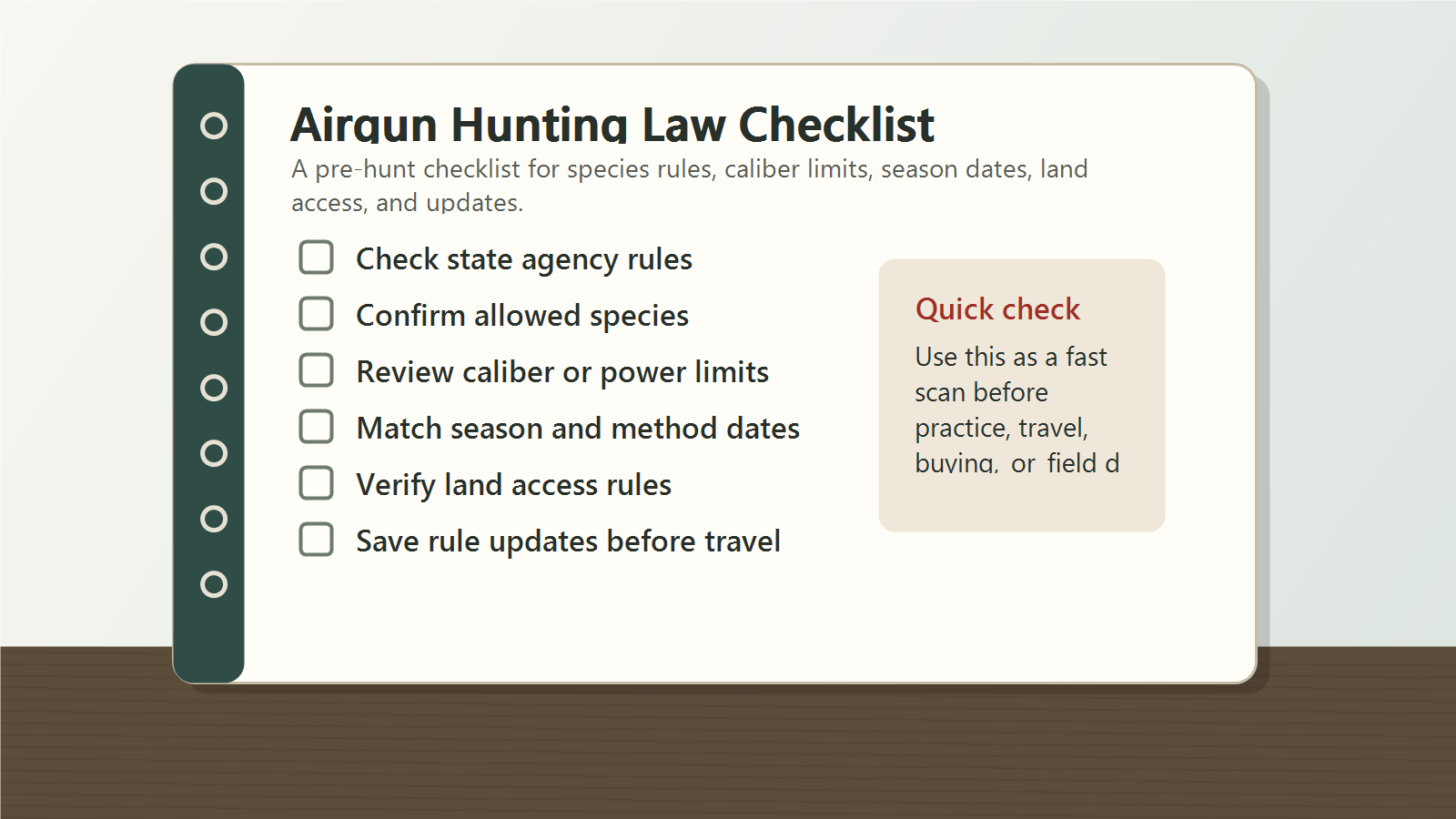 Airgun hunting law checklist covering state agency rules, allowed species, caliber limits, season dates, land access, and rule updates