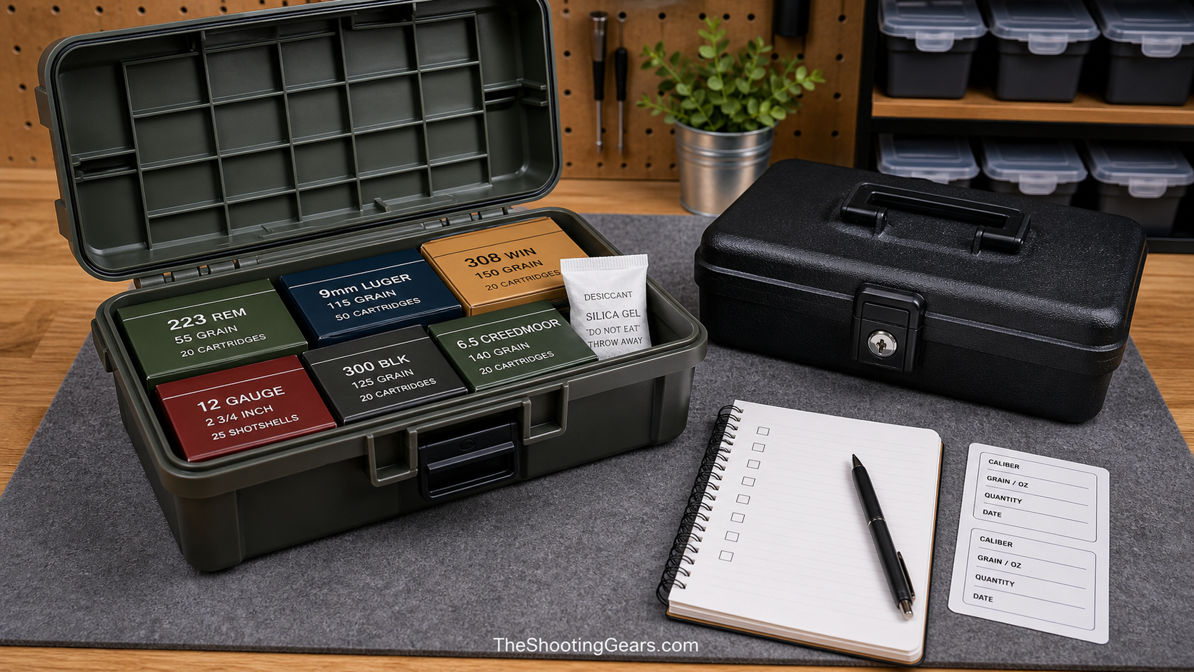 Ammunition storage and transport checklist with closed ammo boxes dry container desiccant labels and notebook