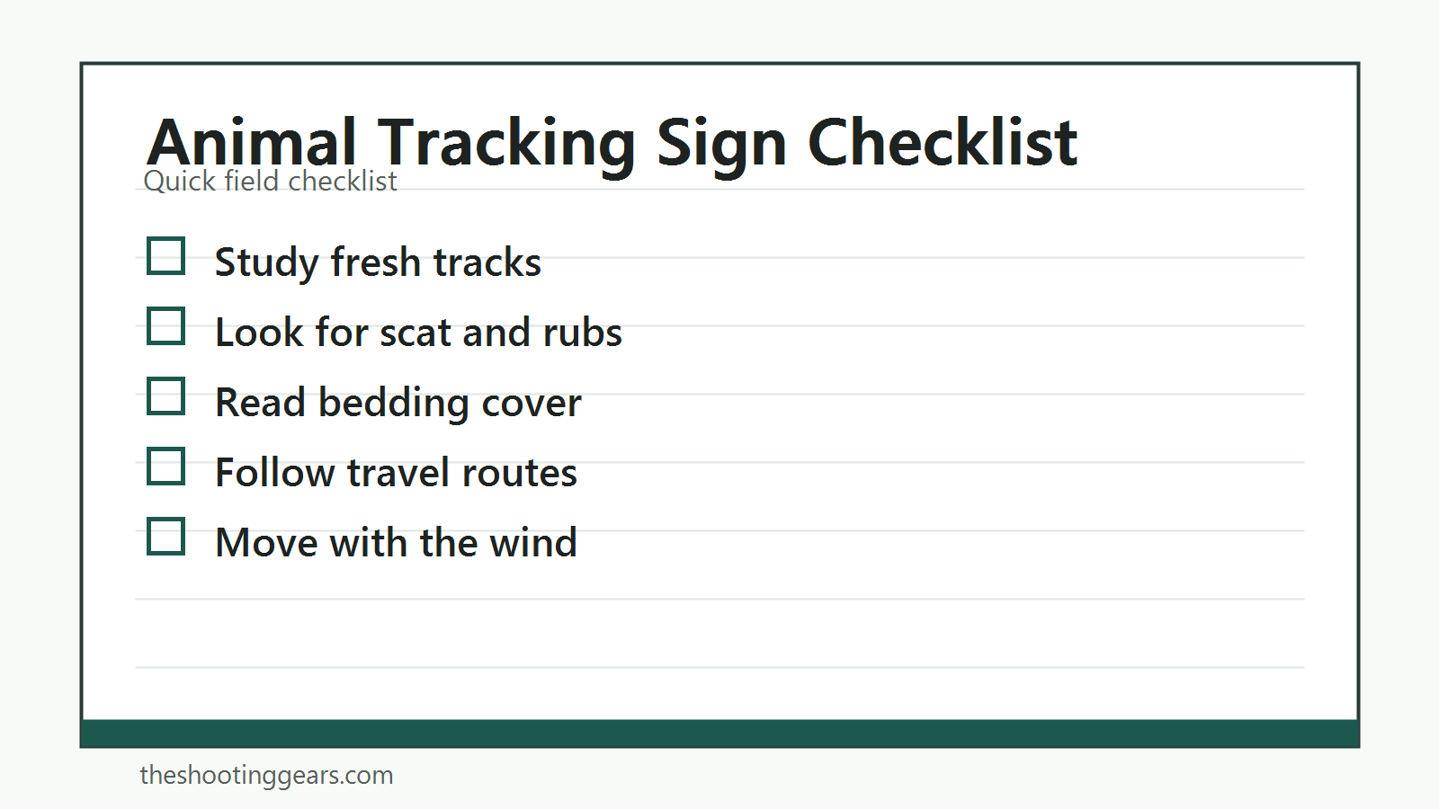 Checklist for reading animal tracks, scat, rubs, bedding areas, and travel routes