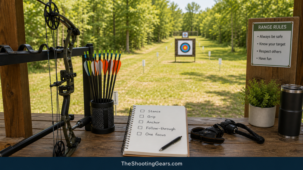 Archery practice checklist with bow at rest, arrows stored, target lane, and notebook for stance, grip, anchor, and follow-through