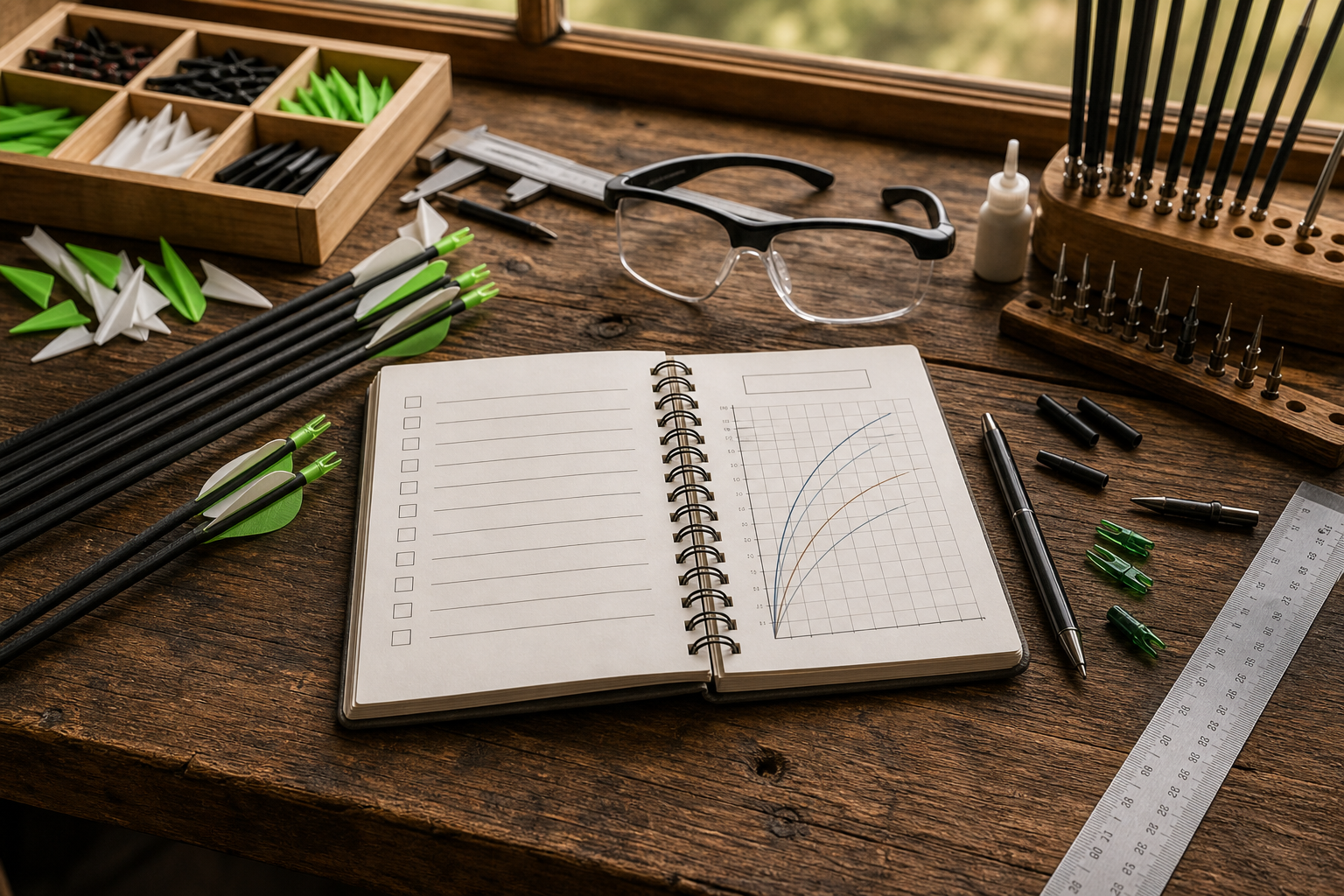 Arrow making safety checklist with shafts nocks vanes ruler spine chart and safety glasses