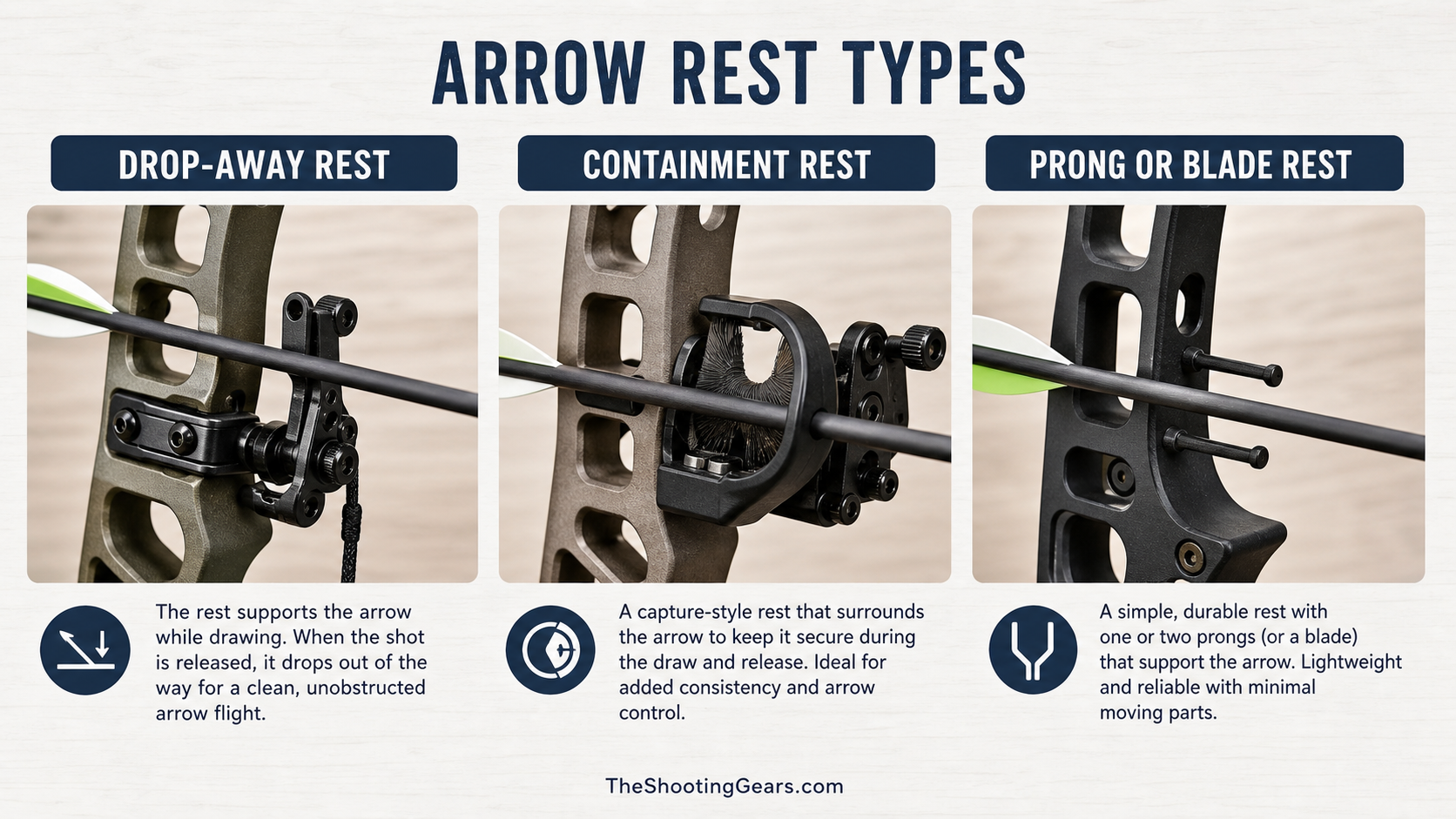 Diagram comparing drop-away, containment, and prong or blade arrow rest types