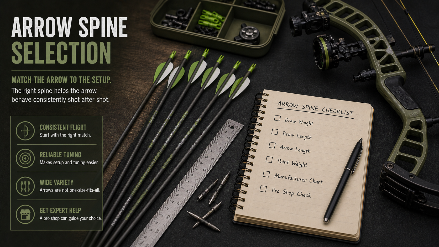 Arrow spine selection checklist with arrows ruler and bow setup notes for manufacturer chart matching