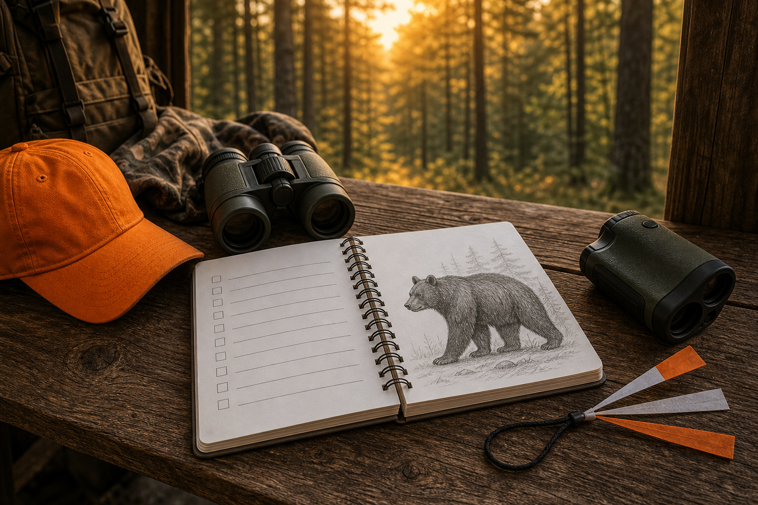 Ethical bear bowhunting shot decision checklist with rangefinder safety cap and bear silhouette