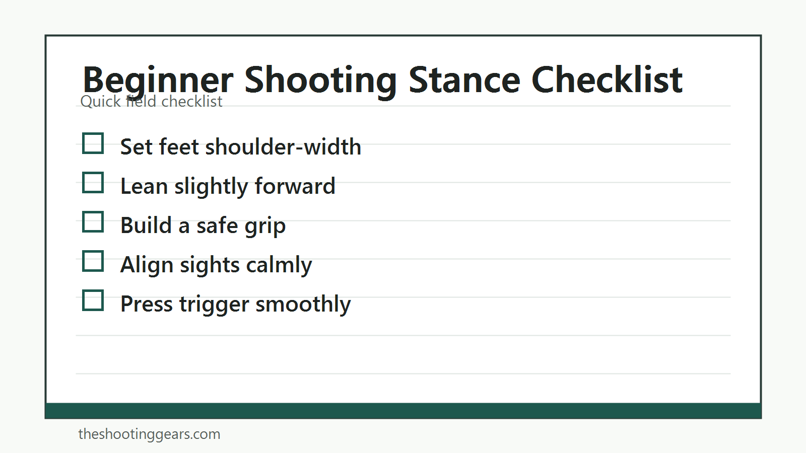 Checklist for beginner shooting stance, balance, grip, sight picture, and trigger control