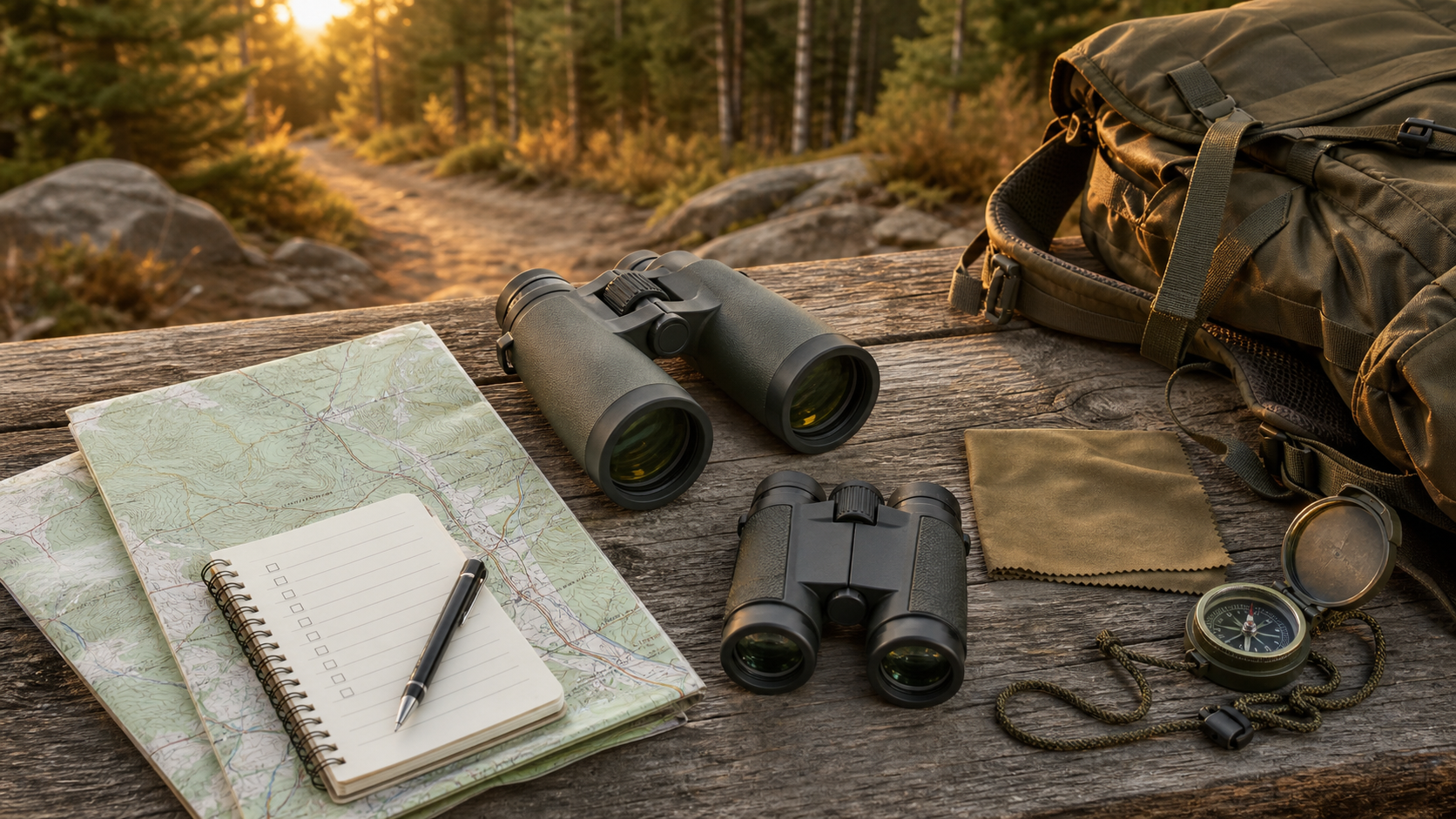 Best Bushnell binoculars buying guide checklist with binoculars, trail map, lens cloth, compass, notebook, and hunting pack.