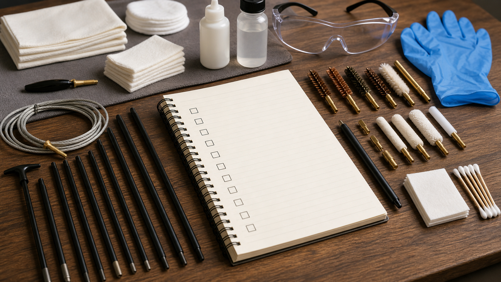 Gun cleaning kit checklist with brushes, rods, patches, gloves, safety glasses, and empty notebook boxes