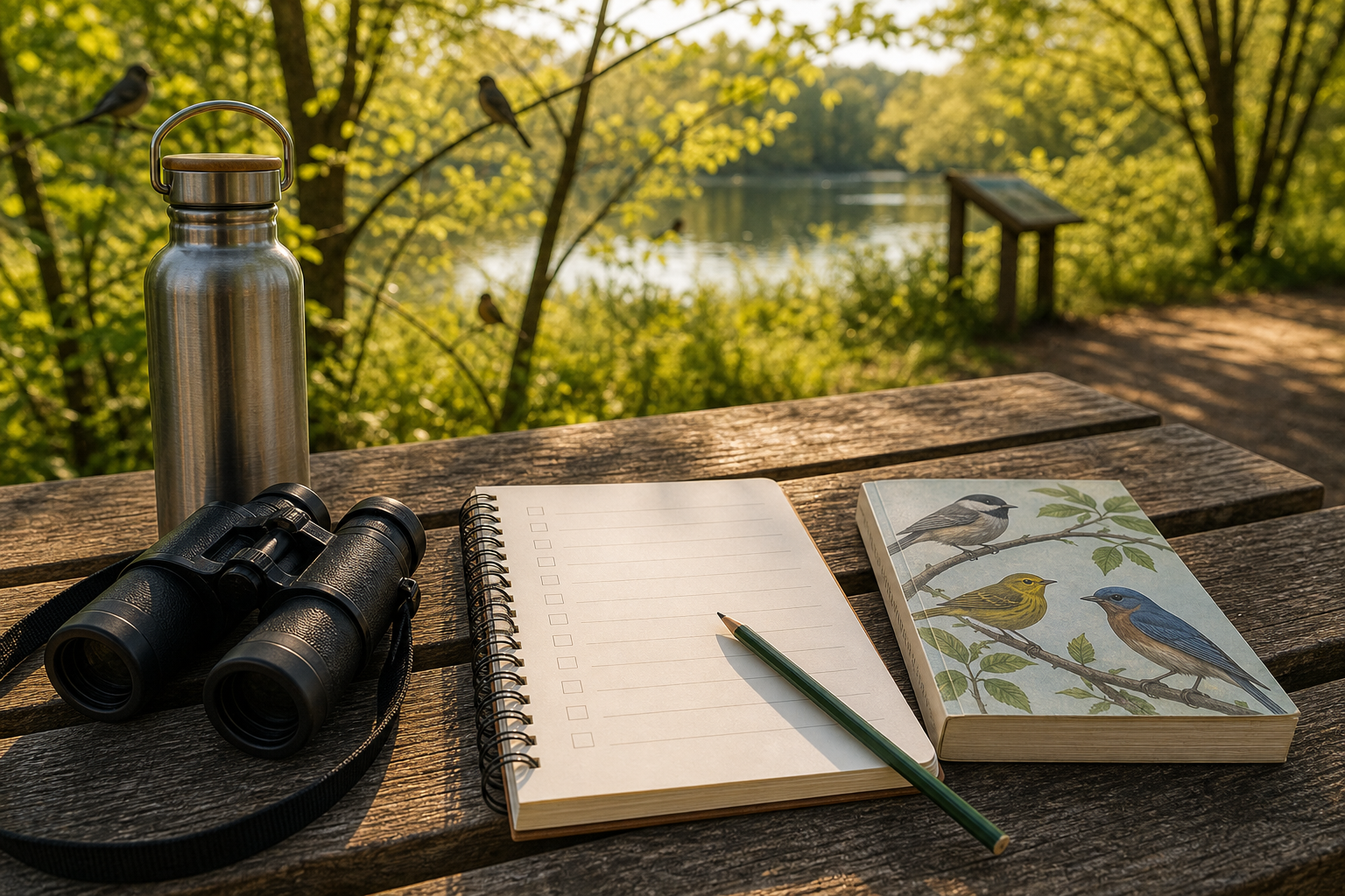 Beginner birdwatching checklist with binoculars field guide notebook and birds in trees