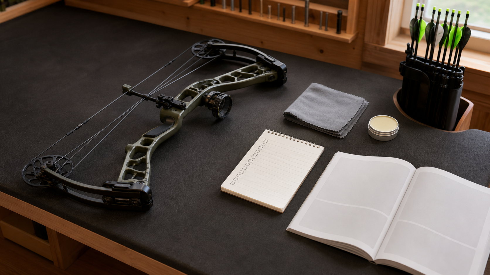 Compound bow maintenance checklist with bow arrows and manual-led inspection notes on a workbench