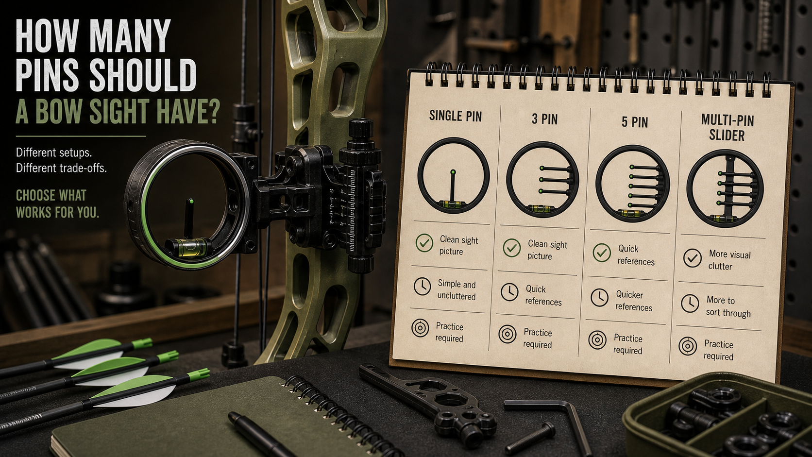 Bow sight pin count comparison showing single pin three pin five pin and slider setup tradeoffs