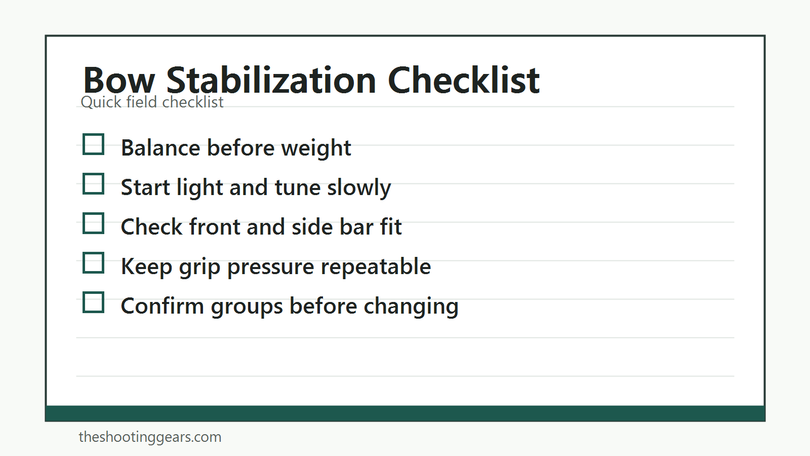 Landscape checklist for bow stabilization, balance, hold steadiness, and setup checks