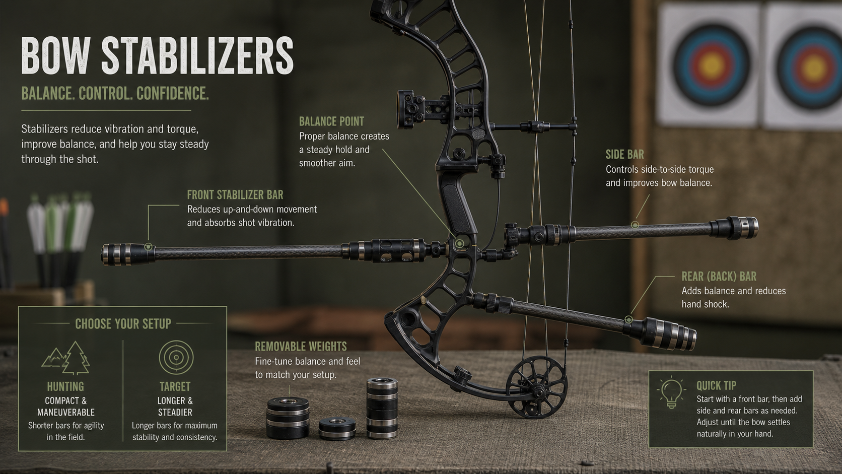 Diagram of bow stabilizer setup showing front bar side bar rear bar balance point and weights