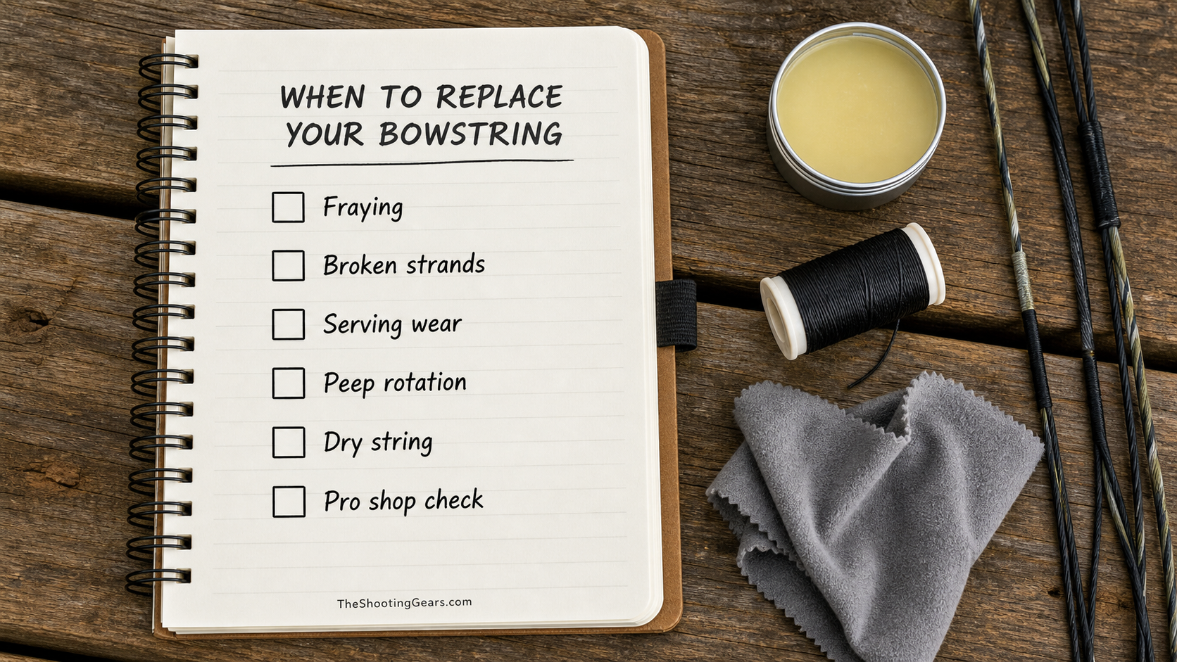 Bow string replacement checklist with empty boxes for fraying, broken strands, serving wear, peep rotation, dry string, and pro shop check