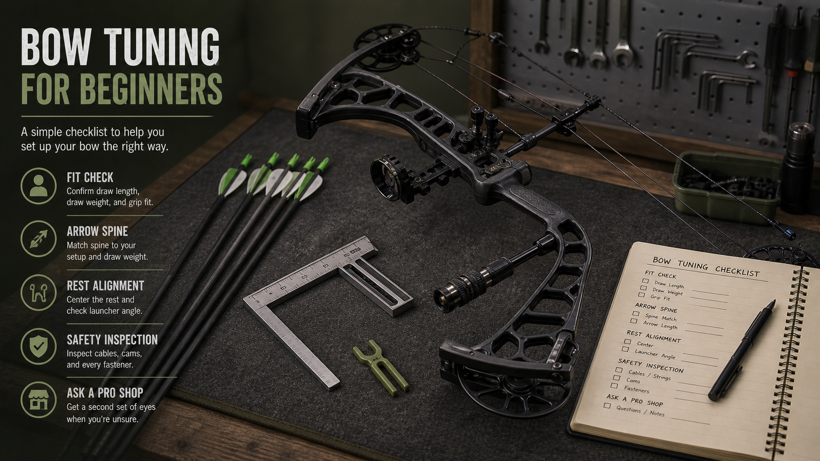 Bow tuning for beginners checklist with compound bow arrows bow square and setup notes