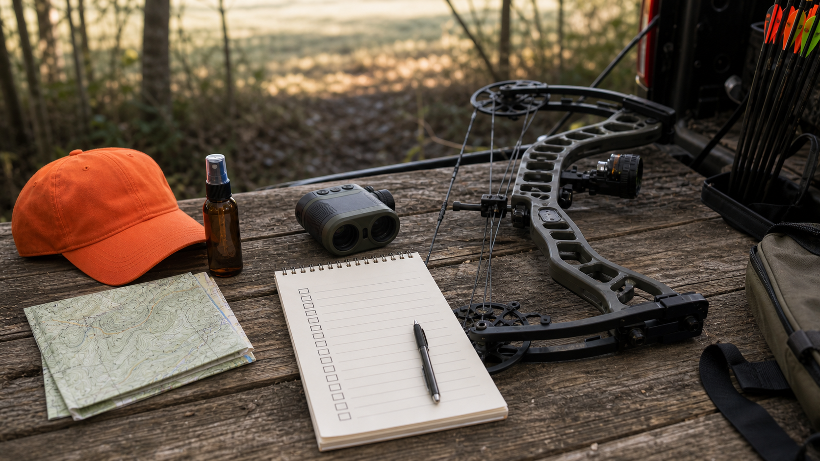 Bowhunting thick cover checklist with map wind checker safety orange and compound bow at rest