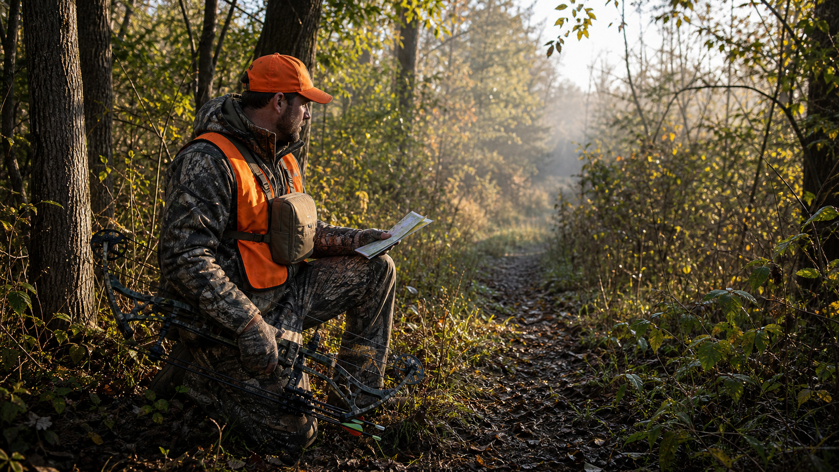 Bowhunter scouting thick whitetail cover with bow lowered safety orange visible and clear woodland trail ahead
