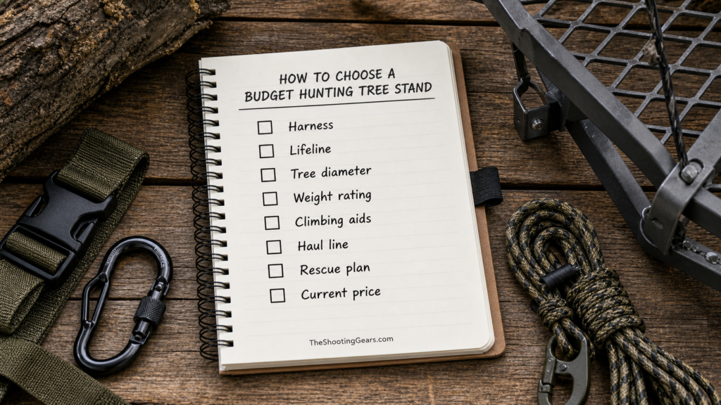 Tree stand buying and safety checklist with empty boxes for harness, lifeline, tree diameter, weight rating, climbing aids, haul line, rescue plan, and current price