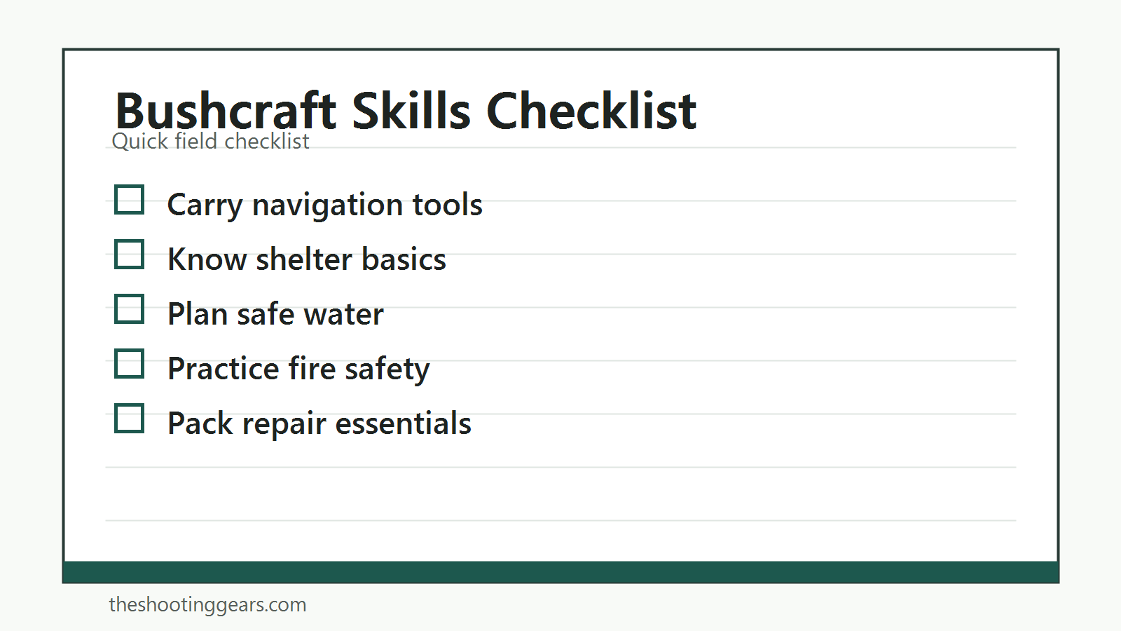 Checklist of bushcraft skills for hunters including shelter, water, fire safety, and navigation