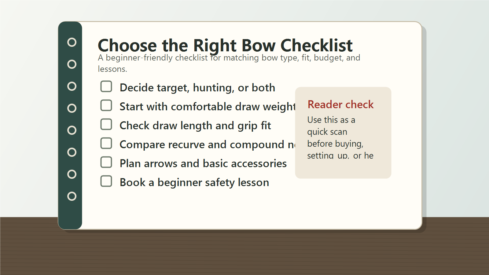 Choose the right bow checklist covering bow use, draw weight, draw length, grip fit, bow type, accessories, and beginner safety lesson