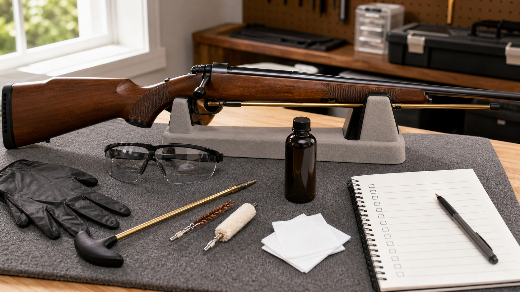 Safe rifle barrel cleaning setup with bore guide cleaning rod patches solvent gloves and safety glasses