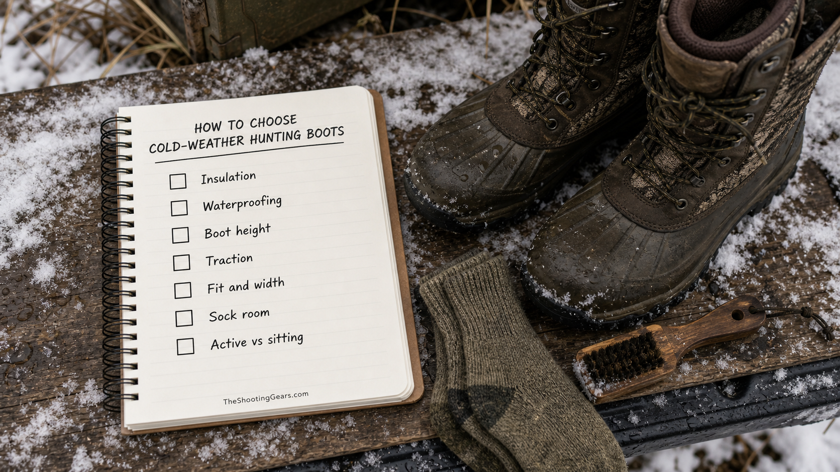 Cold-weather hunting boots checklist with empty boxes for insulation, waterproofing, boot height, traction, fit, sock room, and active versus sitting hunts