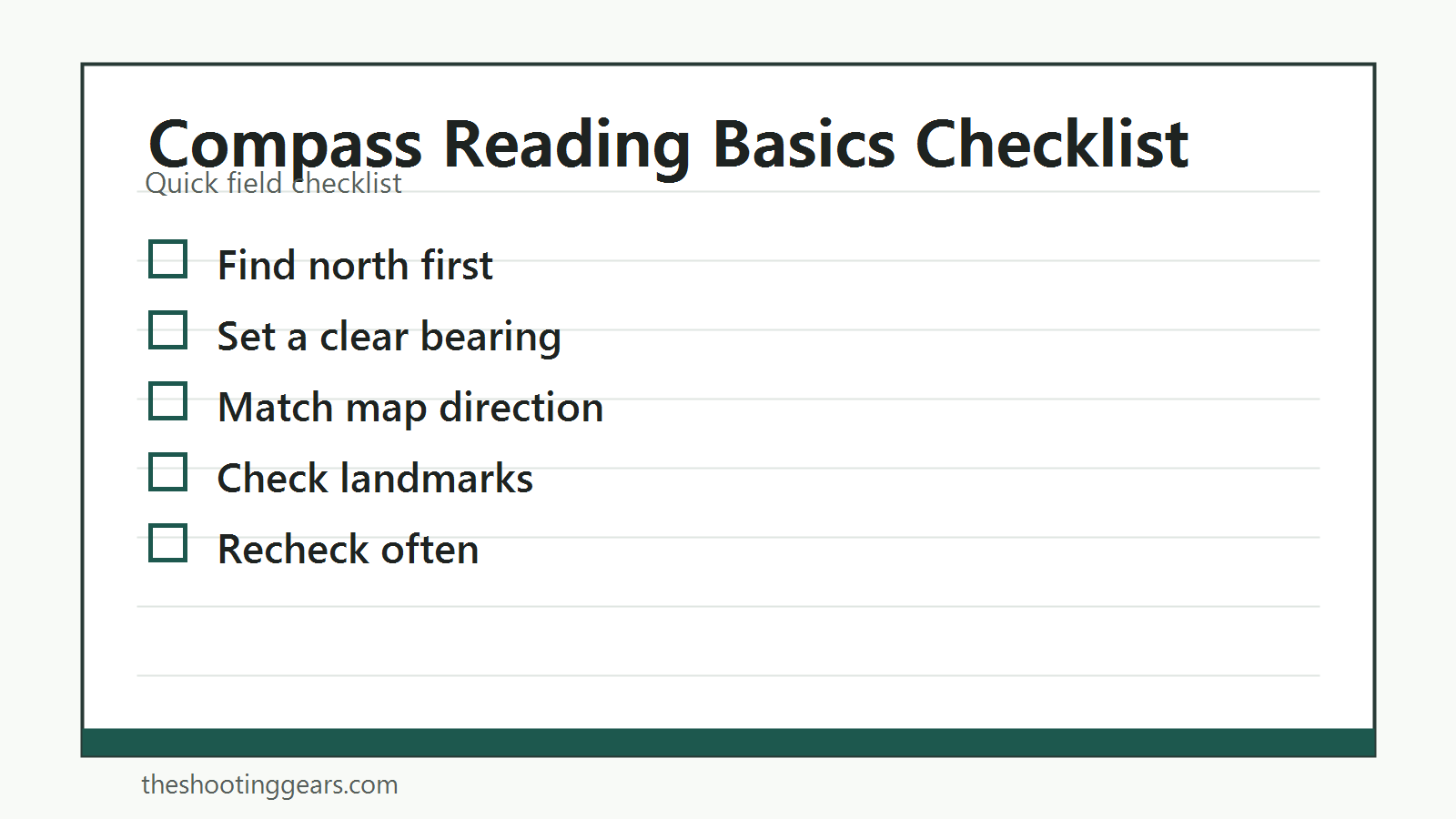 Checklist for reading a compass, setting bearing, checking map direction, and navigating safely