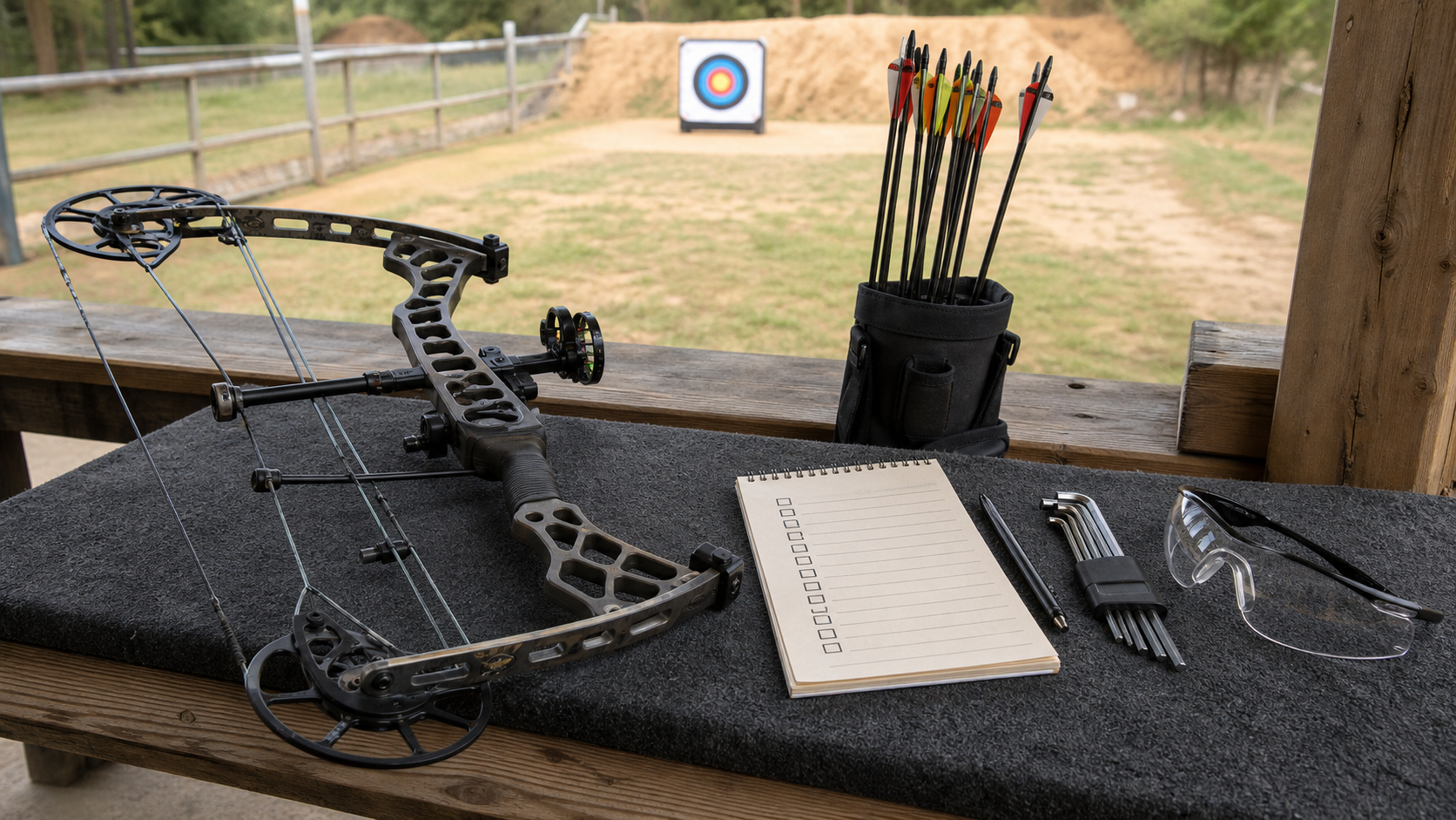 Compound bow setup checklist with bow at rest arrows in a quiver and safe range lane in the background