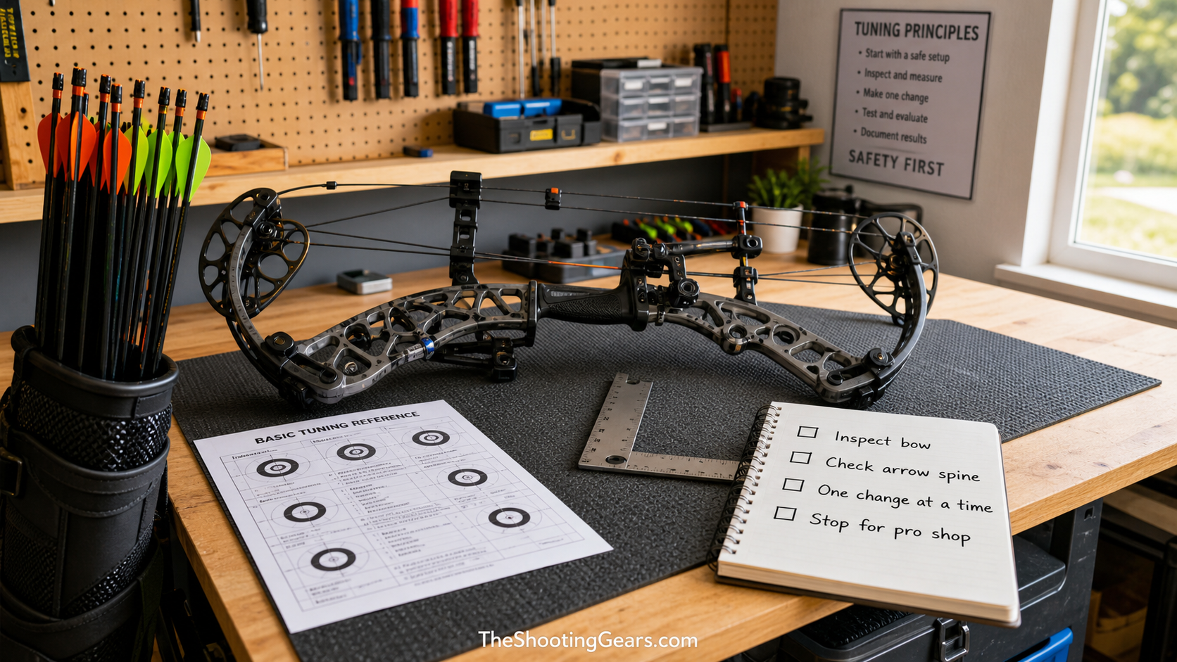 Compound bow tuning checklist setup with bow at rest, arrows stored, paper target sheet, ruler, and notebook