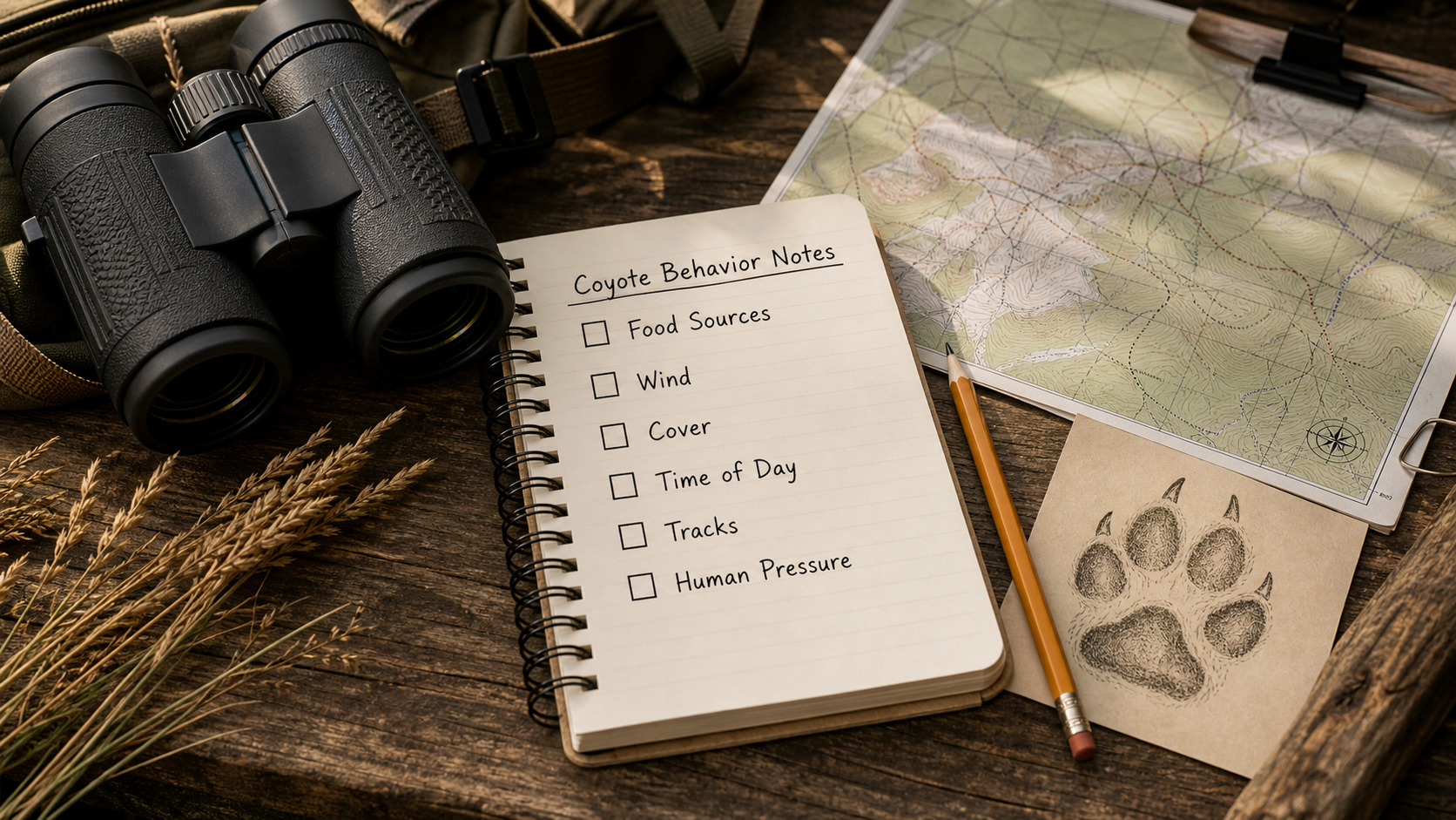 Coyote behavior notes checklist with food sources wind cover time of day tracks and human pressure