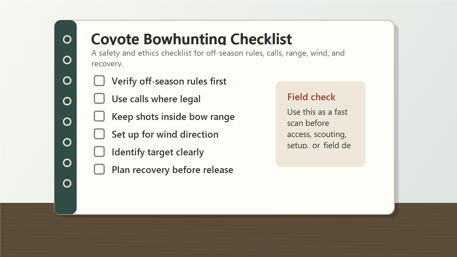 Coyote bowhunting checklist covering off-season rules, legal calls, bow range, wind direction, target identification, and recovery planning