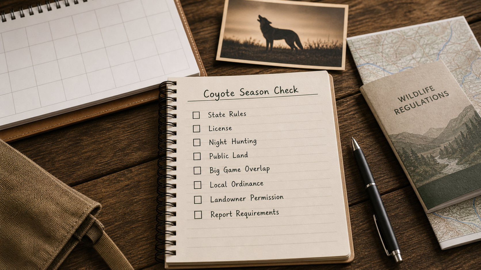 Coyote hunting season checklist with state rules license night hunting public land and landowner permission