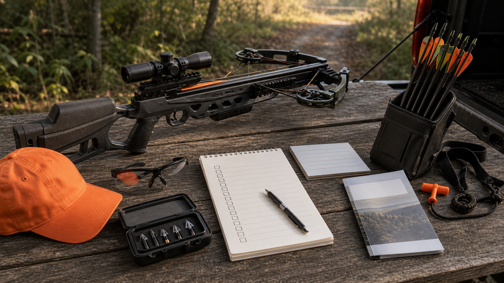 Crossbow deer hunting checklist with crossbow bolts broadhead case orange cap range card and safety notes