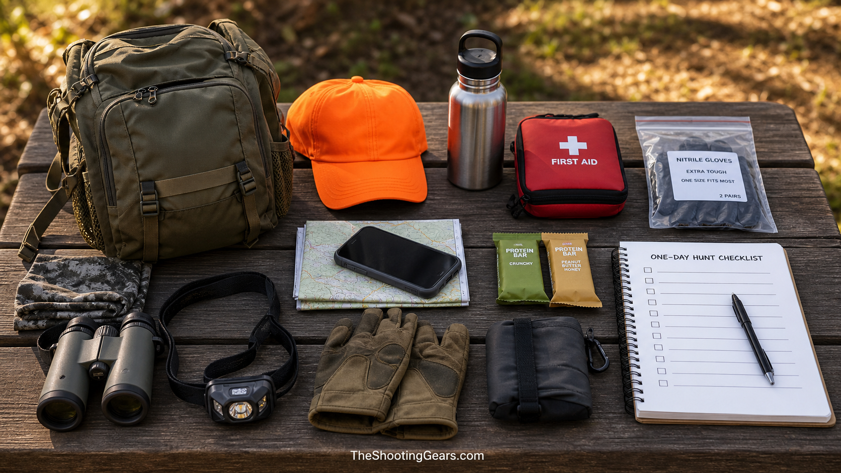 Day hunting pack checklist with backpack blaze orange cap water first aid map headlamp snacks gloves and notebook