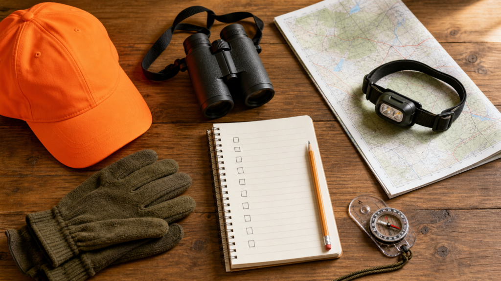 Beginner deer hunting checklist with blaze orange cap, binoculars, map, gloves, headlamp, compass, and empty notebook
