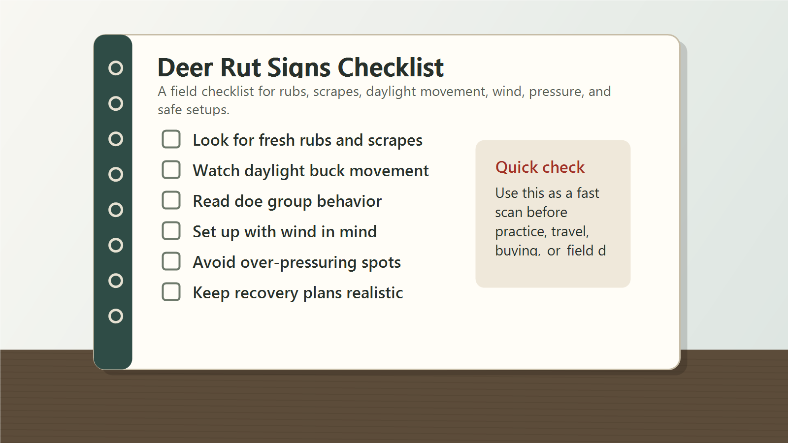 Deer rut signs checklist covering fresh rubs, scrapes, daylight movement, doe behavior, wind, pressure, and recovery planning
