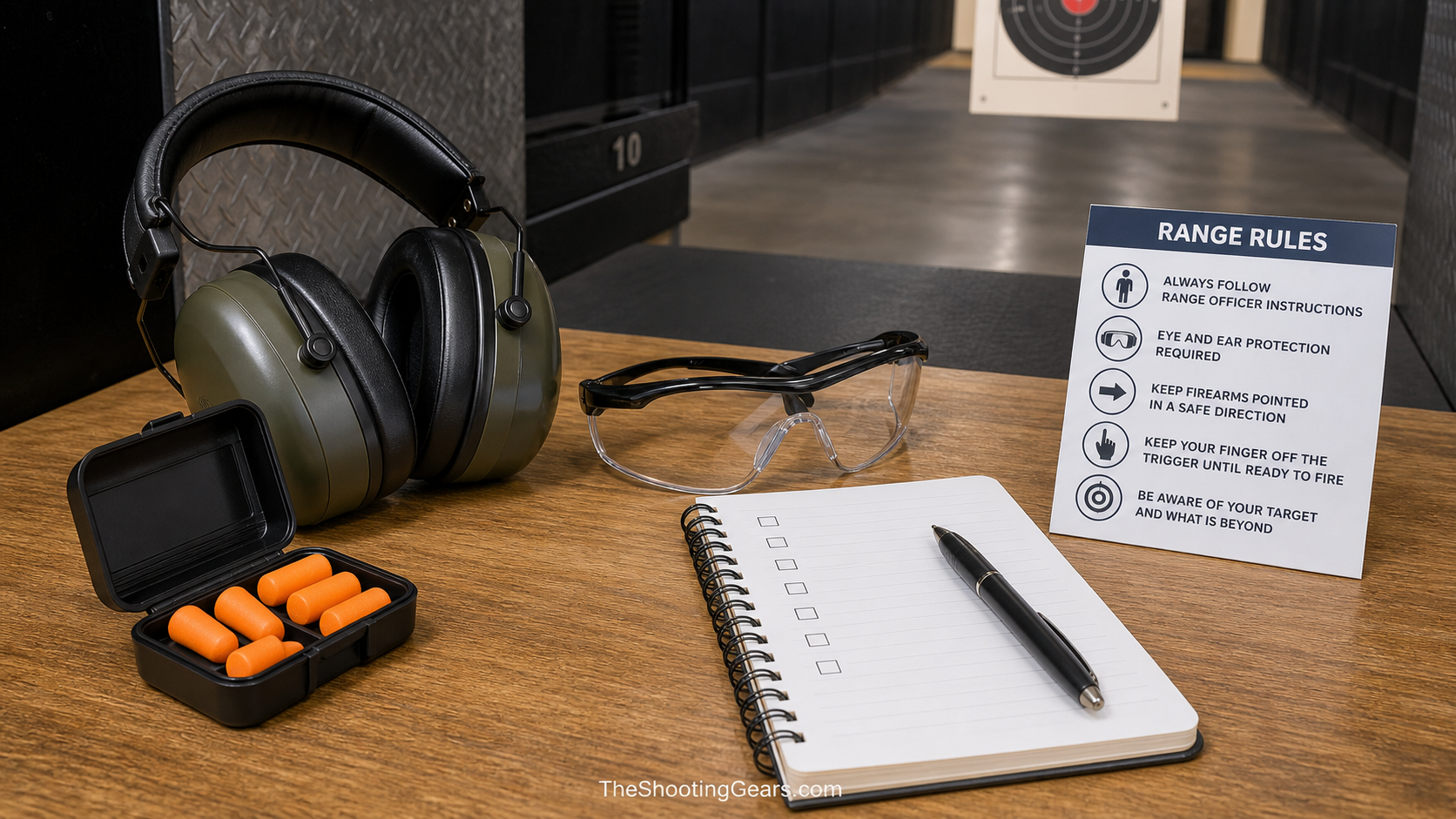 Double hearing protection checklist with foam earplugs earmuffs safety glasses range rules card and notebook