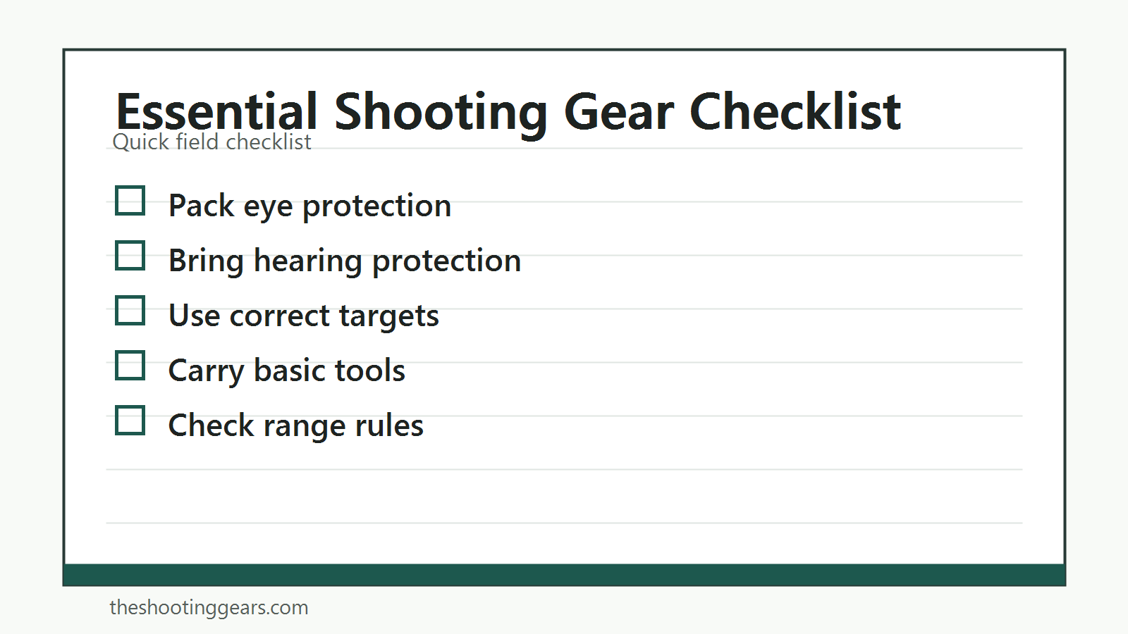 Checklist of essential shooting gear including safety protection, targets, range bag, and basic tools