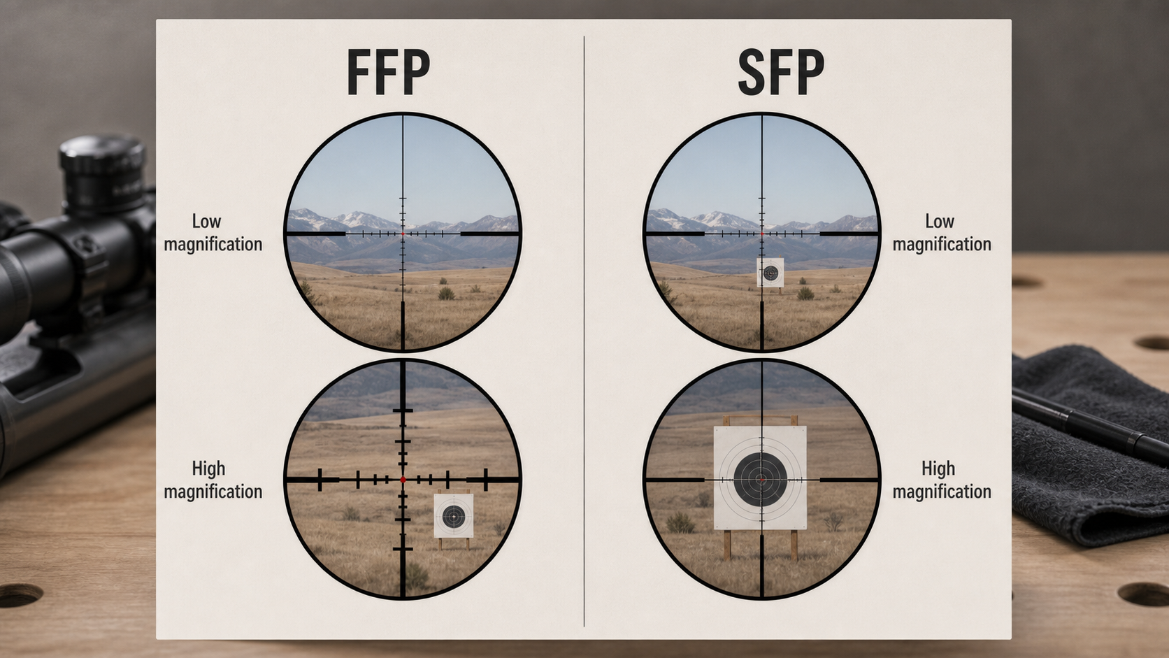 Diagram comparing FFP and SFP reticle behavior at low and high magnification