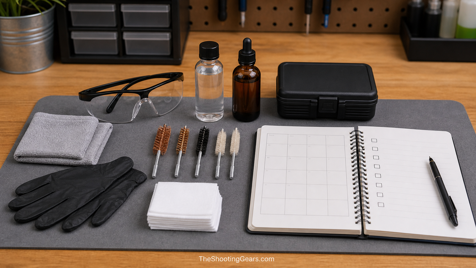 Firearm cleaning frequency checklist with blank calendar cleaning tools gloves safety glasses and storage case