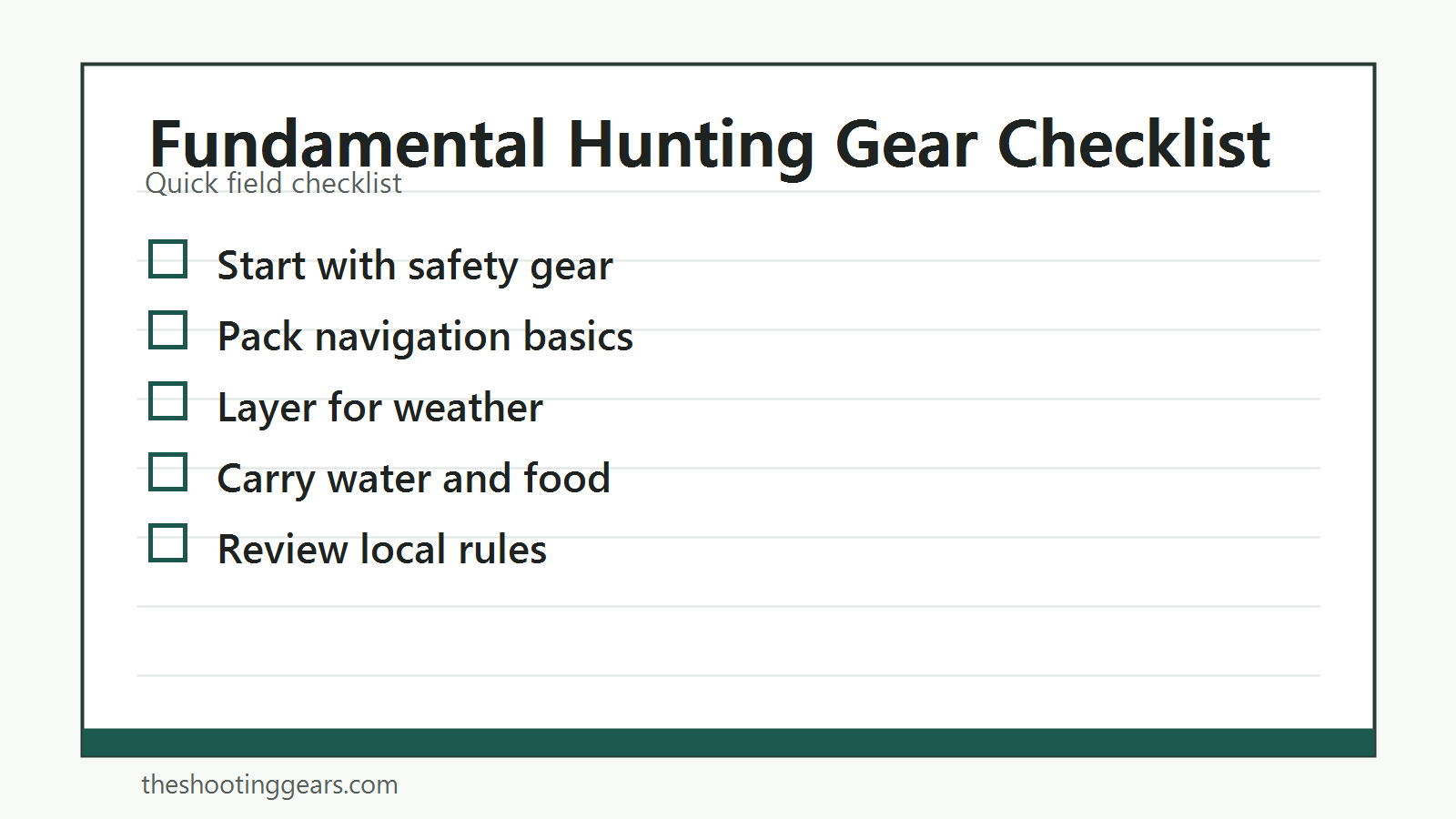 Checklist of fundamental hunting gear items for safety, comfort, navigation, and field readiness
